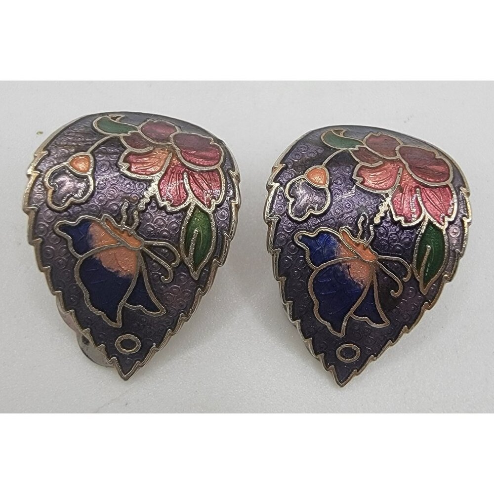 Vintage Enamel Cloisonné Butterfly &‎ Flower Colorful Clip On Earrings